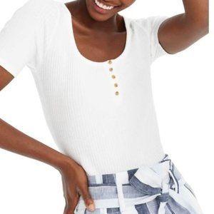 NEW J Crew Scoop Neck Ribbed Henley Tee Top NWT M White Button Trim
